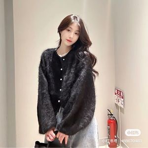 Japan brand Corensology mink fur-like black jacket with pearl buttons